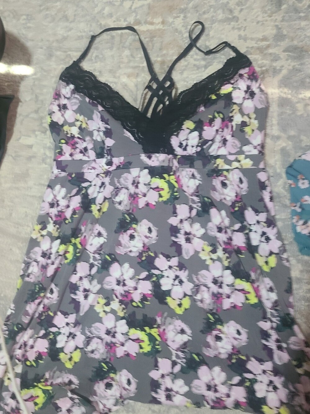 Floral Lace-Trim Cami Dress in Gray with Pink & Lime Accents